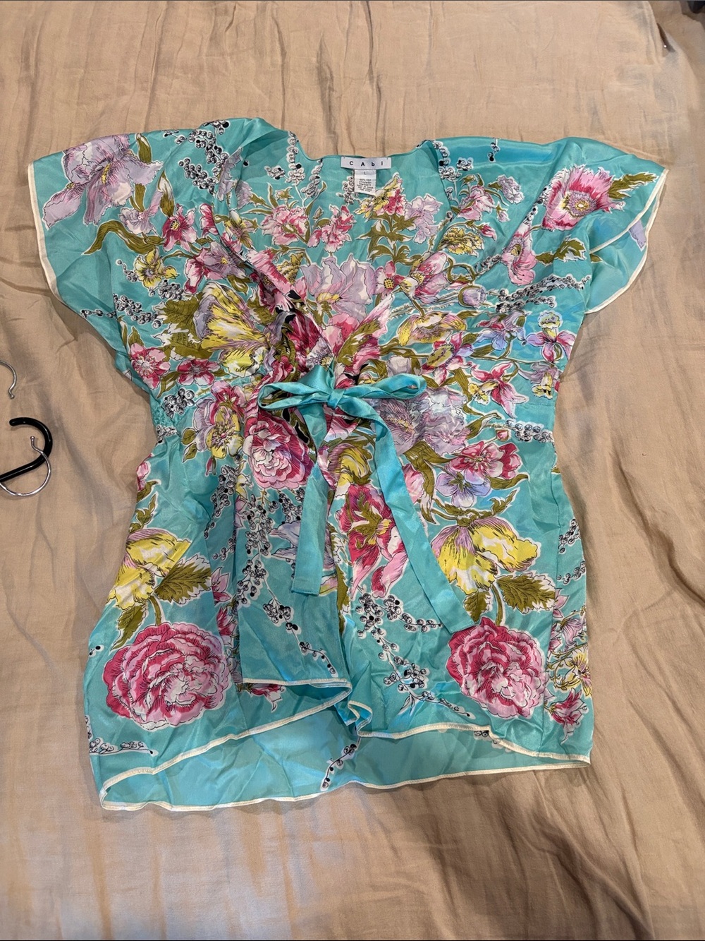 CAbi Turquoise Floral Tie-Front Tunic with Pink and Yellow Blooms